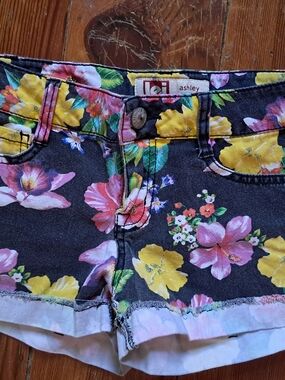 lei Floral Denim Shorts - Black with Yellow & Pink Flowers